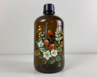 Large hand painted pharmacy bottle, apothecary bottle, pharmacist jar, Vintage amber brown colored glass bottle