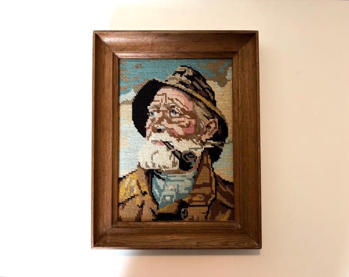 Vintage embroidery framed portrait of Dorus Rijkers, a pipe-smoking fisherman, mid century wall art 1970s, Original by Harry Haerendel