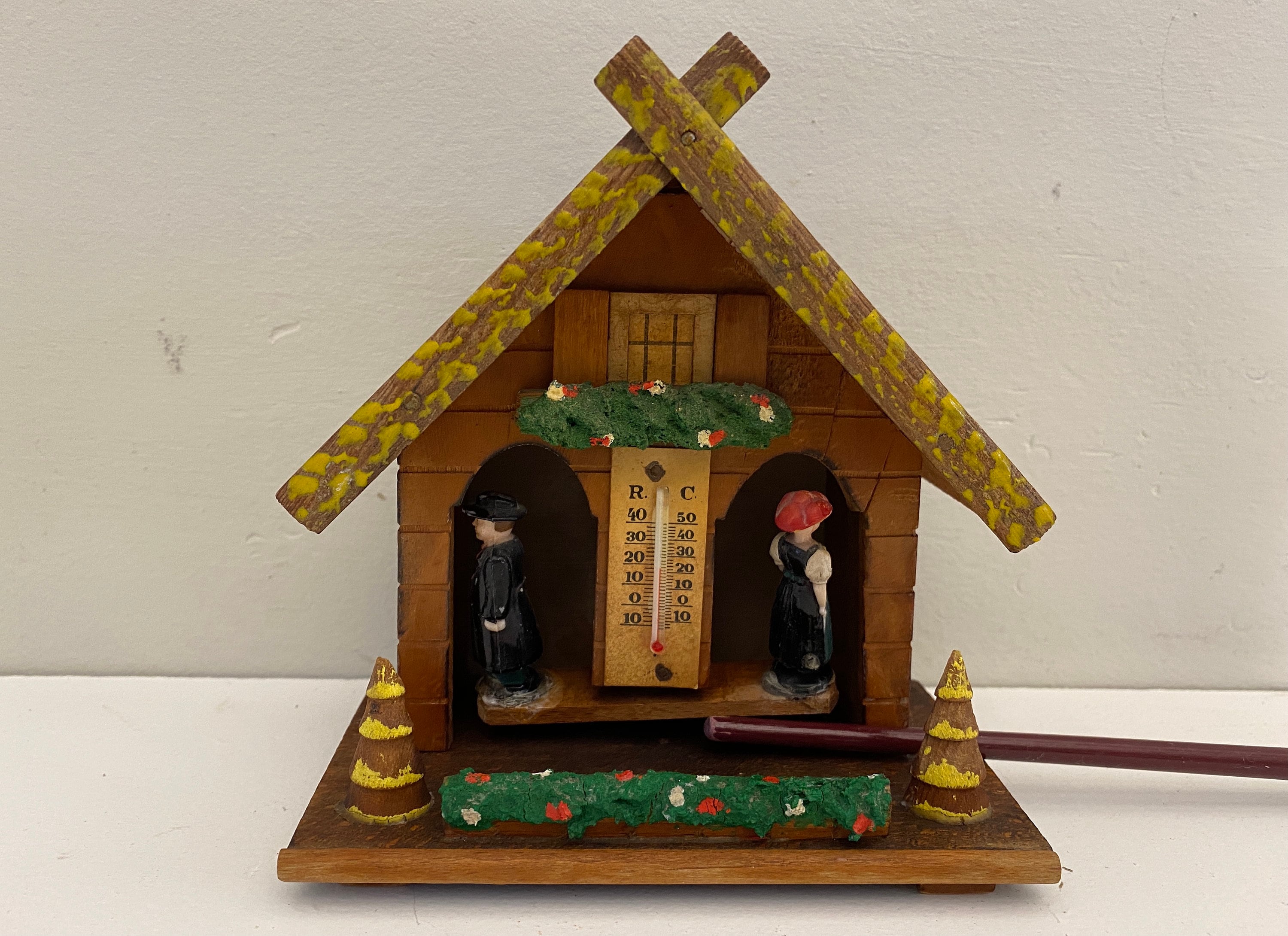 German Wooden Weather House with turning Couple Thermometer 6 x 3 x 5  high