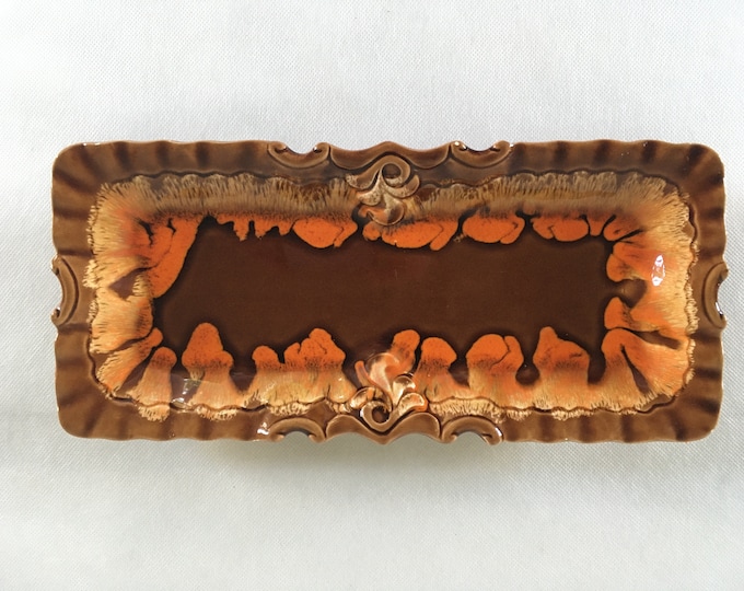 Vintage ceramic rectangular cake plate, serving dish, orange and brown shades, lovely mid century modern West Germany design from the 1970s