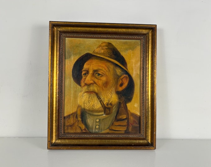 Antique framed portrait, oil painting of pipe-smoking fisherman by Dutch Painter Frederik Hendrik Puls
