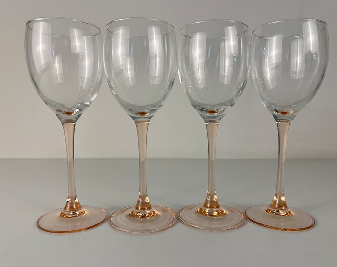 4 Large vintage Luminarc wine glasses with a peach colored  stem, Vintage French barware 1980s