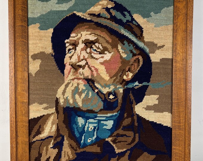 Large vintage embroidery framed portrait of Dorus Rijkers, a pipe-smoking fisherman, mid century wall art 1970s, Original by Harry Haerendel