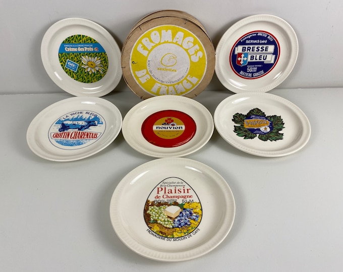 Set of 6 vintage ceramic cheese plates with Brand Advertising in original box St. Amand France, great vintage from the 1950s