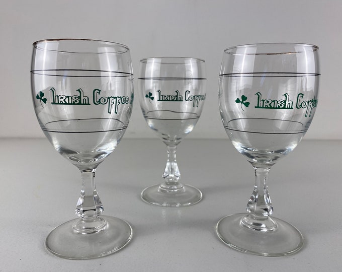 Set of 3 vintage Irish coffee glasses with golden rim from the 70s, Luminarc France, mid century modern barware