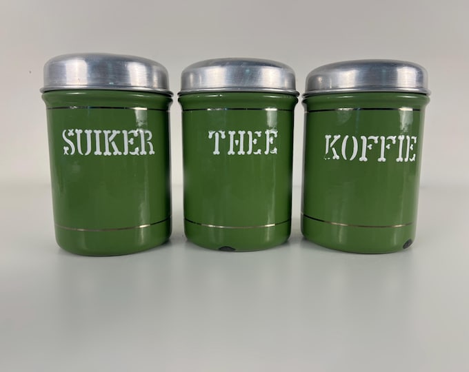 Dutch vintage enamel storage containers coffee, tea, sugar, set of 3, Manufactured in the Netherlands 1950s