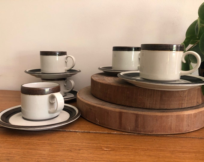 Sets of Arabia Karelia Finland coffee or tea cups and saucers, Anja Jaatinen-Winquist, Finnish Arabia mid century design 1970s