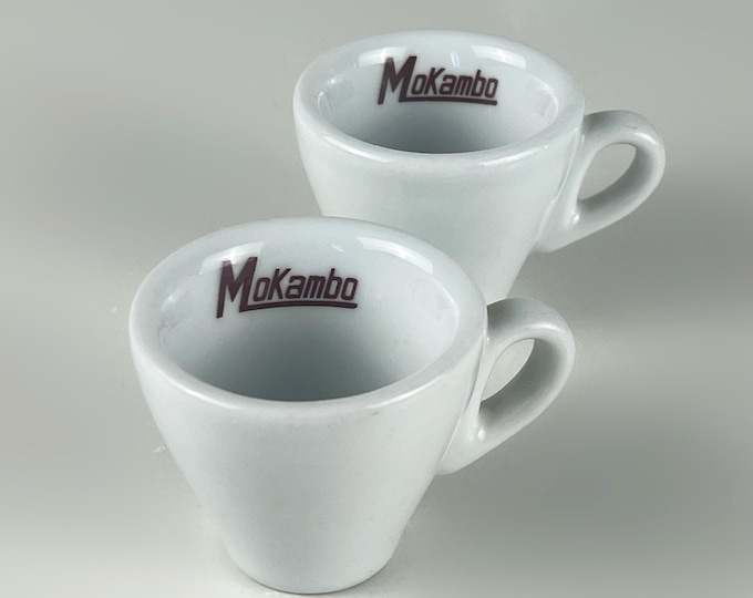 Set of 2 espresso cups, nice vintage, bar quality porcelain espresso cups, advertising "Mokambo" coffee, IPA Italy 1970s