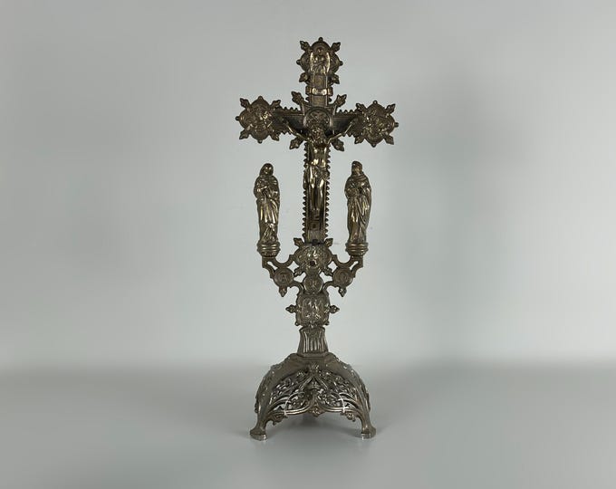 Large antique catholic metal altar or table crucifix, religious decor from the early 1900s