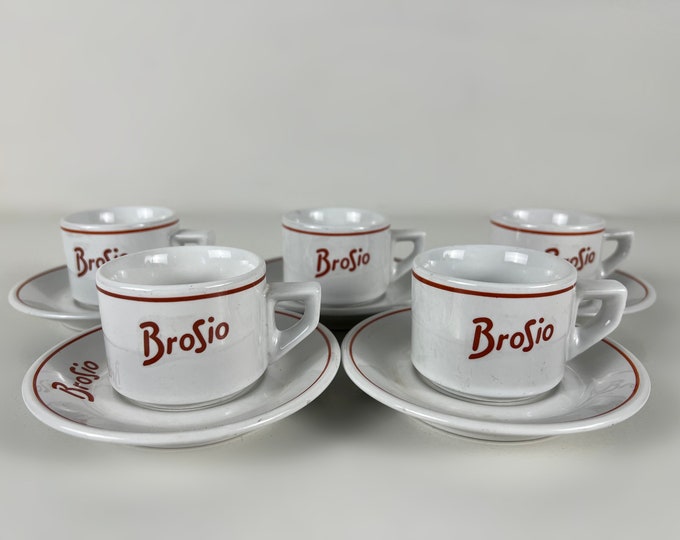 Set of 5 vintage ACF bar quality espresso cups, made in Italy for French coffee company Brosio, retro design from the 1980s