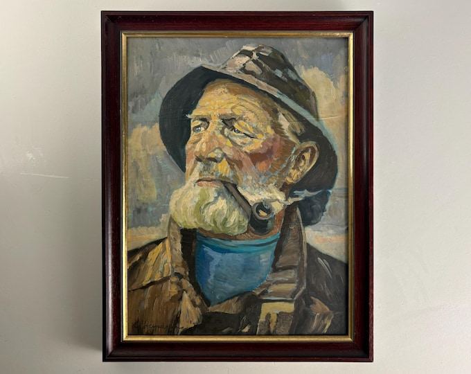 Vintage framed portrait painting of pipe-smoking fisherman, mid century wall art 1970s, Original by Harry Haerendel