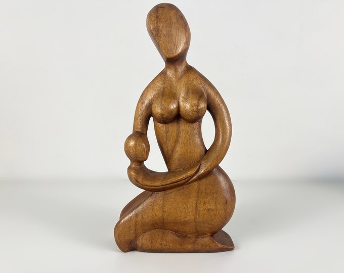 Beautiful vintage wooden sculpture mother and child, wood carving, mother and child figure, hand crafted wood statue, mother's love