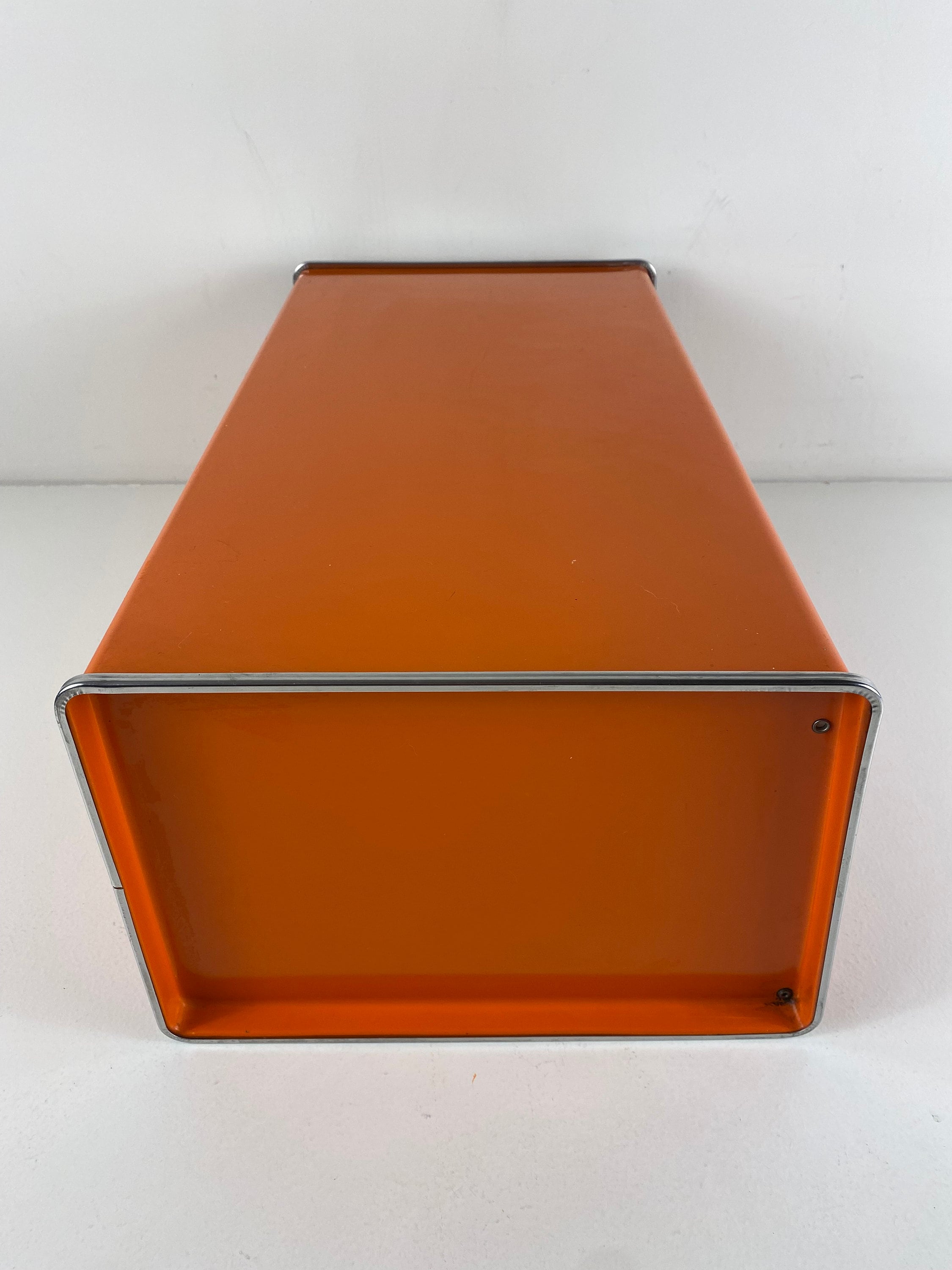 Brabantia orange metal bread box, Brabantia Diana bread box with a flowery design, vintage mid
