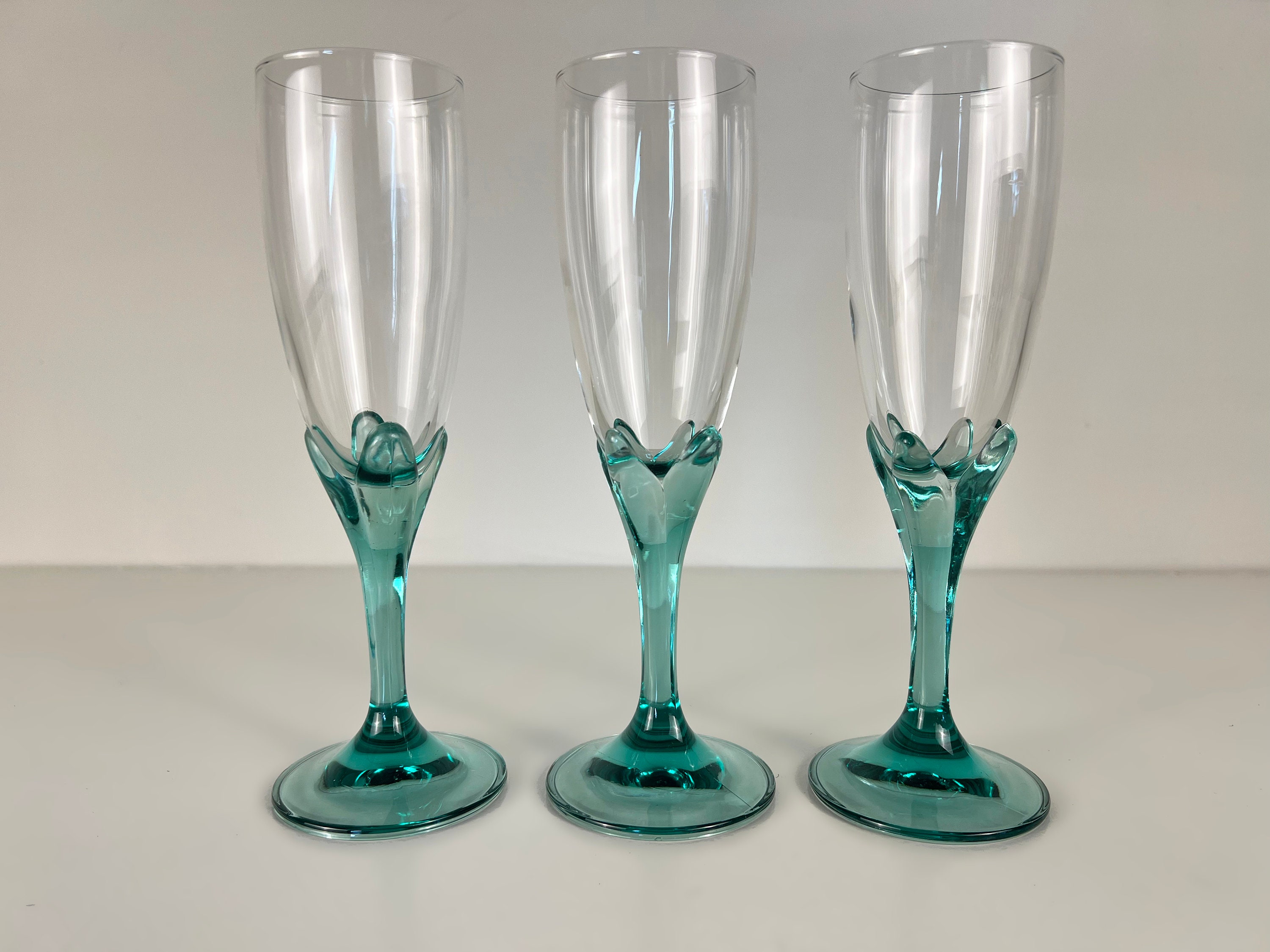 Vintage Bormioli Rocco Italy Wine Water Panel Green Glass Goblets Set Of 3