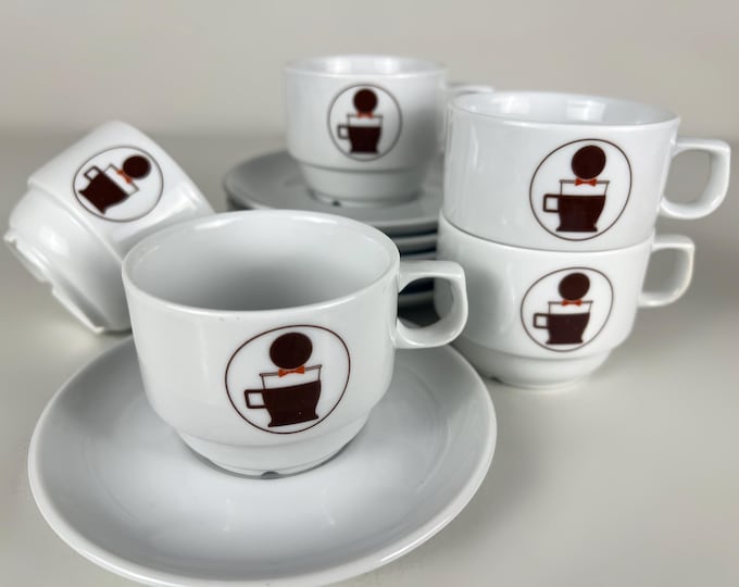 Vintage set of 6 hotel quality coffee cups and saucers decorated with a logo of a coffee cup-man, manufactured in Czech republic 1990s