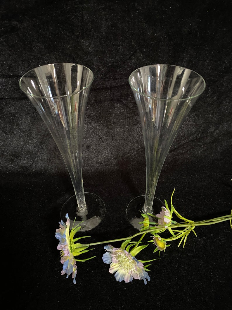 May include: Two clear glass champagne flutes on a black background with a sprig of blue and green flowers.