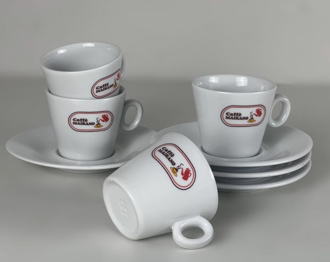 Set of 4 coffee or cappuccino cups with matching saucers, bar quality porcelain, Caffè Maikano manufactured in Italy, 2000s