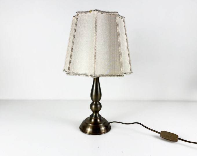 Bronze table lamp, brass base with a cream white an octagon lampshade with lace, Made in the 70's, Lovely mid century modern design