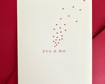 You And Me Hearts Card, Valentine Card, Letterpress, Love Card, Card for Her, Anniversary Card, Wedding Card