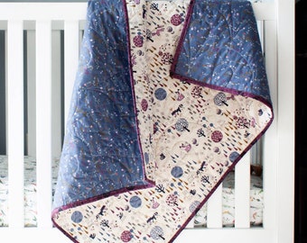 Lila WaldDecke, Siebdruck Quilt, Baby Mädchen Quilt, Moderne Babydecke, Mädchen Waldland Quilt, Omatsuri Nakama Quilt