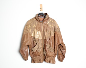Seltene Vintage 1980's Distressed Donna Sparsse Braun Leder Patchwork Oversized Mantel - Large