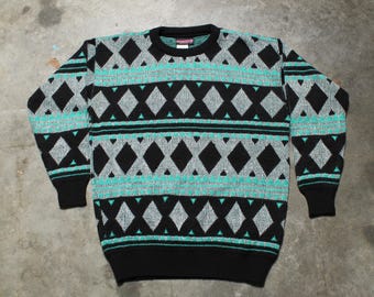 Pull en tricot géométrique vintage des années 80 fabriqué aux États-Unis - fil argenté métallique - moyen