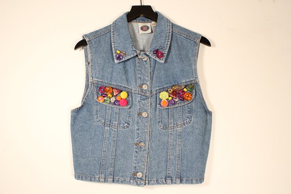 Vintage 80’s Threads on Threads Beaded Denim Vest… - image 1