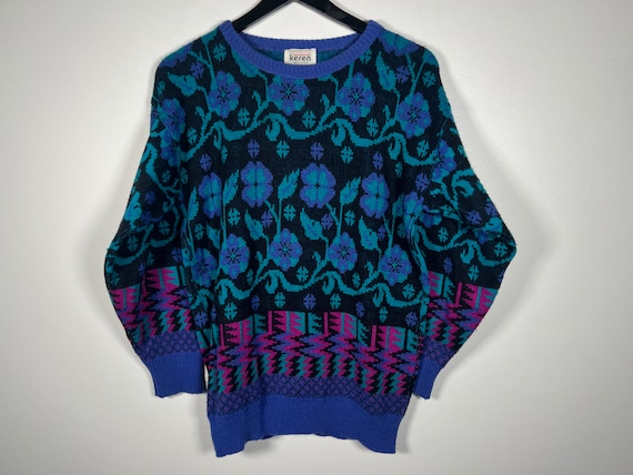 Vintage 80s Usa-made Keren Geometric Floral Jacquard Knit Sweater 