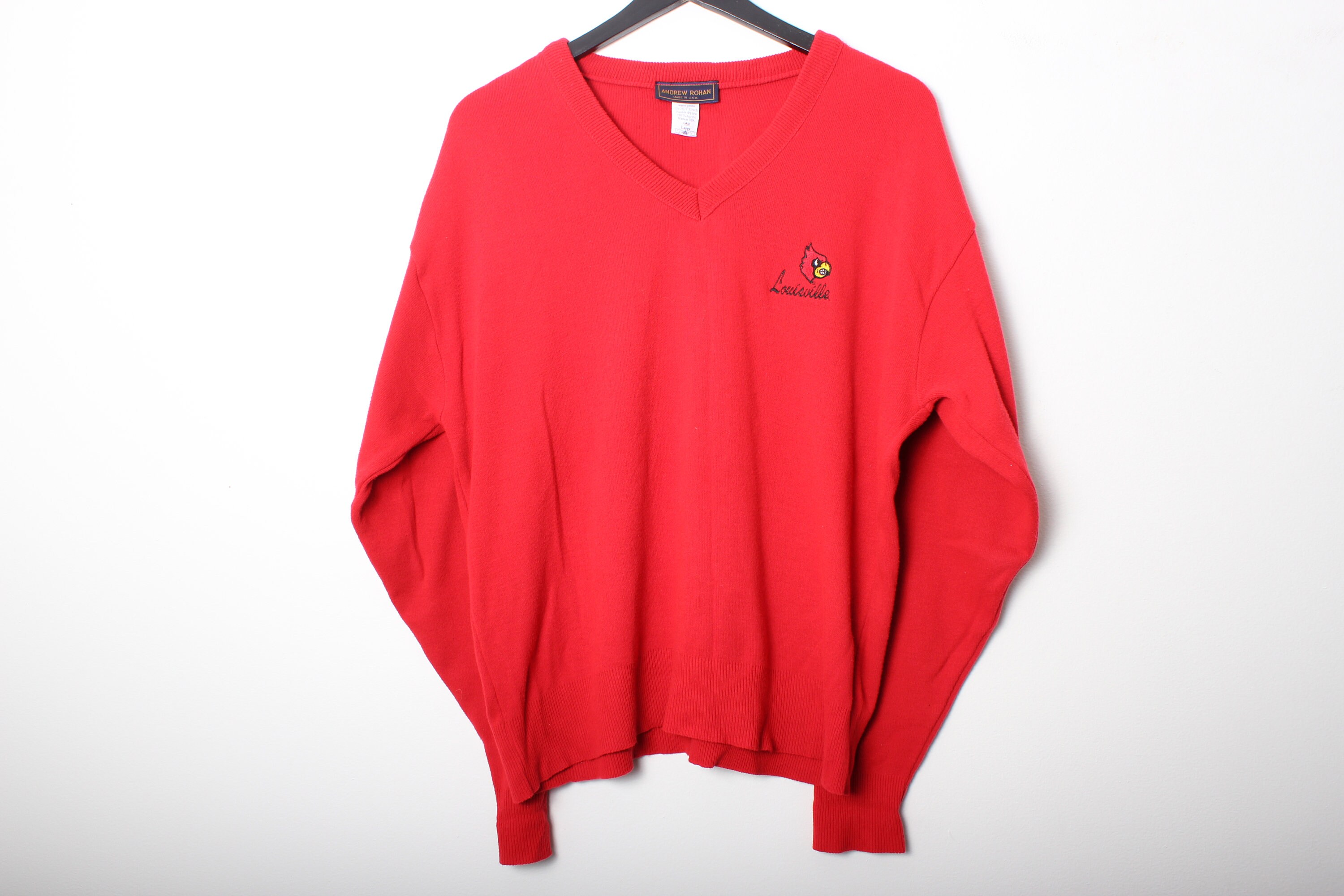 Vintage 70s Womens Medium Spell Out University of Louisville Knit Sweater  Red