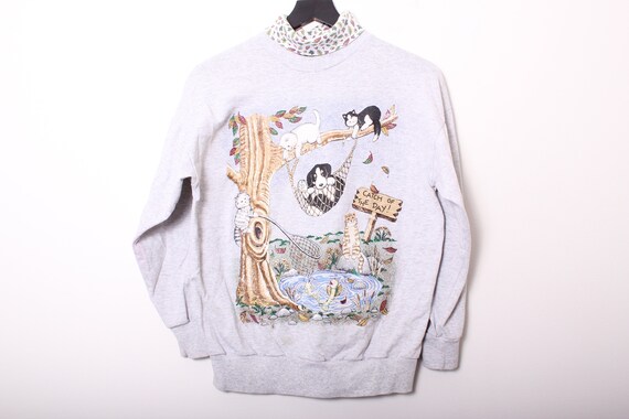 Vintage 1990s Kittens & Puppies Double Layered Collar Light Weight Sweatshirt - S
