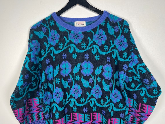 Vintage 80s Usa-made Keren Geometric Floral Jacquard Knit Sweater 