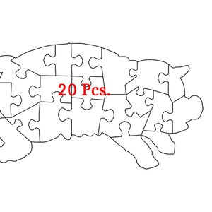 May include: A black and white outline of a pig shaped jigsaw puzzle with 20 pieces. The text "20 Pcs." is written in red inside the puzzle.