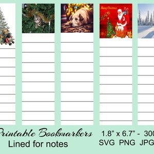 Op de afbeelding: Vijf printbare bladwijzers met een geruit gedeelte voor notities. Elke bladwijzer heeft een ander kerstthema: een kerstboom met cadeaus en een teddybeer, een kat in een kerstboom, een hond, Sinterklaas die de schoorsteen afdaalt en een besneeuwd winterlandschap.