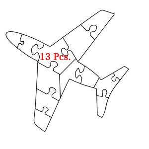 Puede incluir: Un rompecabezas de avión en blanco y negro con 13 piezas. El texto "13 Pcs." está escrito en rojo en el avión.