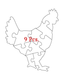 Könnte beinhalten: Eine Schwarzweiß-Zeichnung eines Hühner-Puzzles mit 9 Teilen. Der Text "9 Pcs." ist in Rot innerhalb des Puzzles geschrieben.