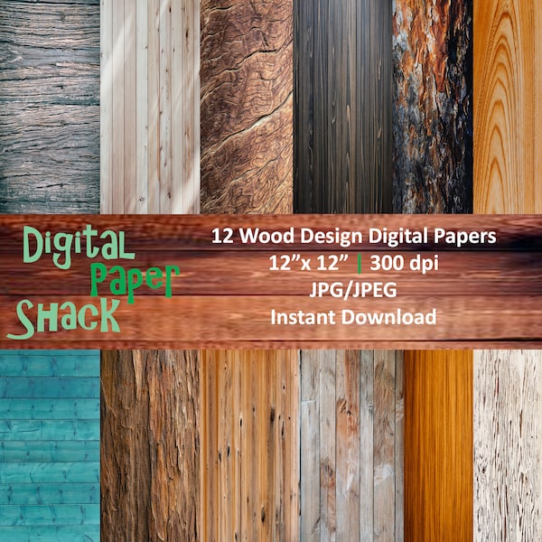 Bundle of 12 Woodgrain Design Digital Papers 12”x 12” 300 dpi JPG / JPEG Digital Background for Personal and Commercial Use Instant Download