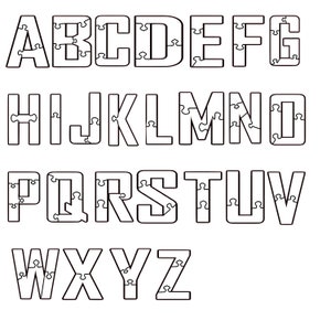 May include: Black and white alphabet letters in a puzzle piece design. Each letter is outlined in black and has a white puzzle piece pattern inside.