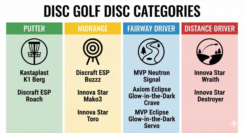 May include: A graphic illustrating disc golf disc categories: Putter, Midrange, Fairway Driver, and Distance Driver. Each category features disc models like Kastaplast K1 Berg, Discraft ESP Buzzz, MVP Neutron Signal, and Innova Star Wraith.