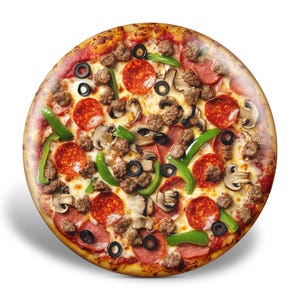 May include: A circular pizza with a golden crust, featuring pepperoni, sausage, green peppers, black olives, and mushrooms. The pizza is baked with melted cheese and has a variety of toppings.