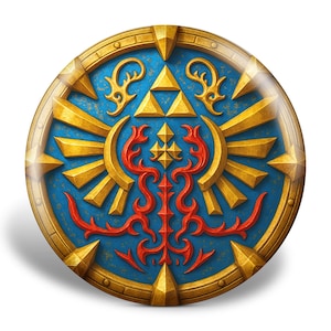 Puede incluir: Un diseño de escudo redondo, dorado, azul y rojo. El escudo presenta un borde dorado con puntas triangulares, un centro azul con detalles dorados y rojos, y un emblema triangular dorado. El diseño es reminiscente de un videojuego.