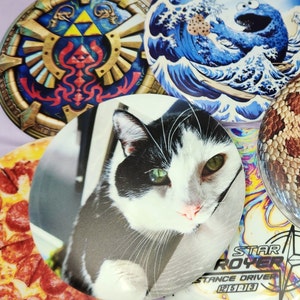 Op de afbeelding: Een verzameling decoratieve ronde objecten met verschillende ontwerpen. E&eacute;n toont een zwart-witte kat met groene ogen. Andere ontwerpen zijn een pizza, een schild, een golf, een koekjesmonster en een slangenvelpatroon.