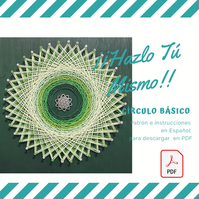 Pode incluir: Um design de arte de fio verde, branco e prateado em forma de c&iacute;rculo. O design est&aacute; sobre um fundo verde escuro. O texto "Hazlo T&uacute; Mismo!!" est&aacute; escrito em branco e vermelho. O texto "CIRCULO B&Aacute;SICO" est&aacute; escrito em branco. O texto "Patr&oacute;n e instrucciones en Espa&ntilde;ol para descargar en PDF" est&aacute; escrito em branco. Um &iacute;cone PDF vermelho est&aacute; no canto inferior direito.