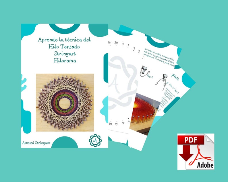 Pode incluir: Um guia PDF para aprender a t&eacute;cnica de arte de fio chamada Hilorama. O guia inclui instru&ccedil;&otilde;es e um diagrama de um design de arte de fio colorido.