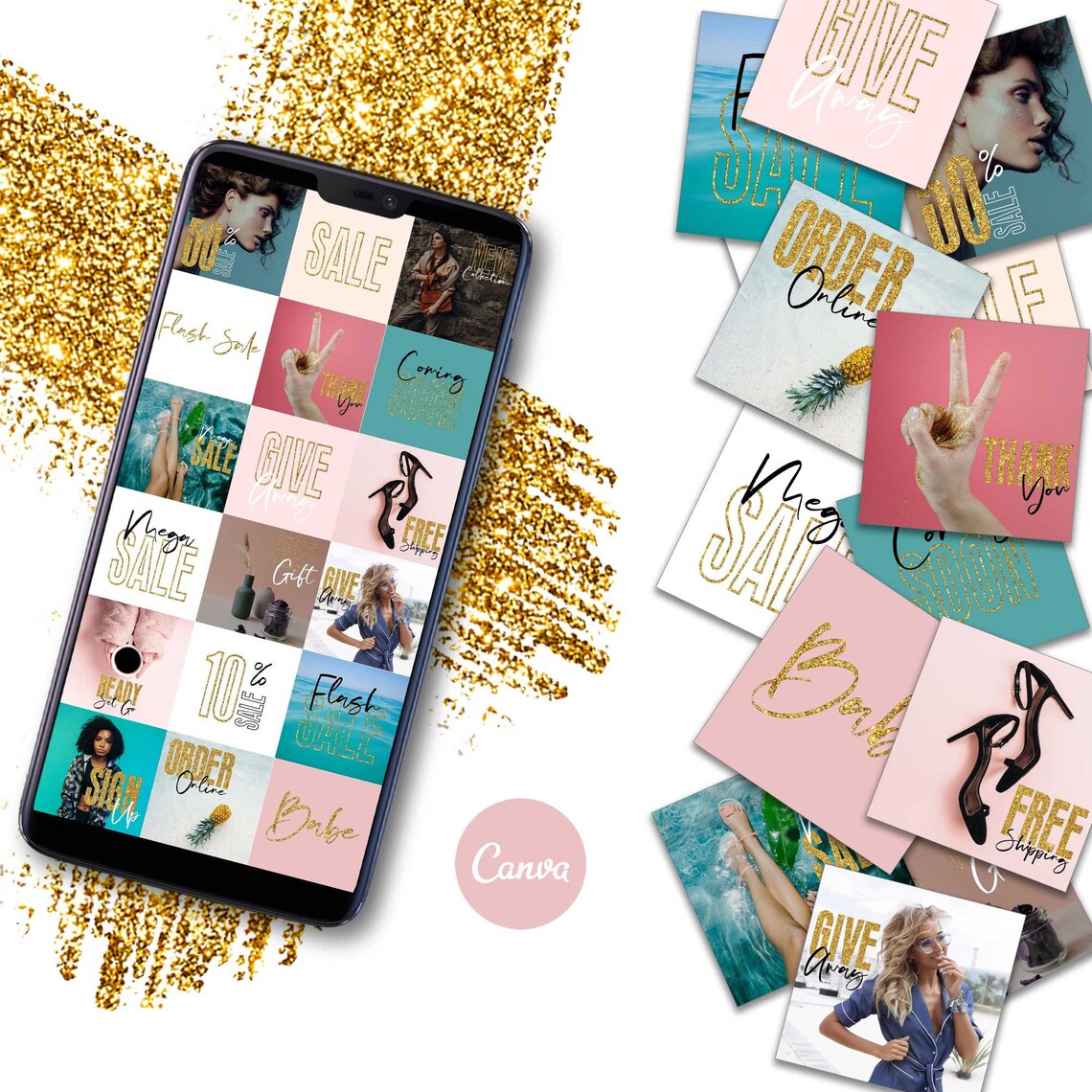 100 x Gold Glitter Instagram Post Templates CANVA Template Etsy