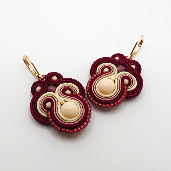 Burgundy pink rose cream dangle soutache earrings, embroidered jewelry, casual boho earrings, funky colorful earrings,  gift for her