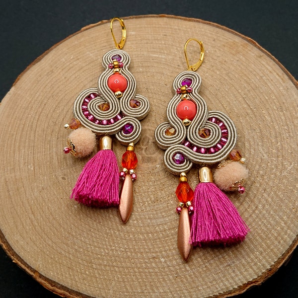 Colorful dangle soutache earrings in boho style, summer jewelry with tassels and pompoms,  earrings for everyday wear, original gift for her