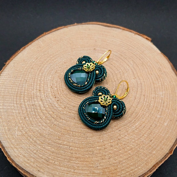 Small dark green gold dangle soutache earrings, minimalist tiny earrings with crystals, shine casual jewelry, original gift for women