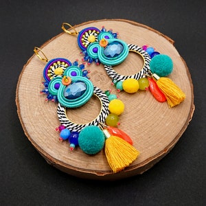 Long colorful dangle soutache earrings with pompom and tassels, statement hippie earrings, summer women's jewelry, handmade gift for her