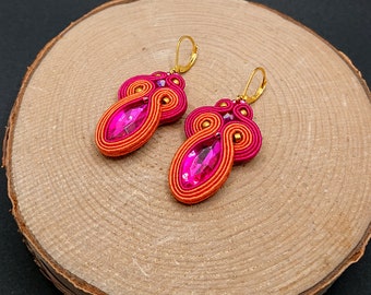 Fuchsia orange gold dangle soutache earrings, colorful j crystal jewelry in boho style, embroidered fashion jewelry,
