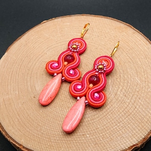 Fuchsia pink orange dangle soutache earrings with gemstone, colorful jewelry in boho style, embroidered fashion jewelry, gift for her